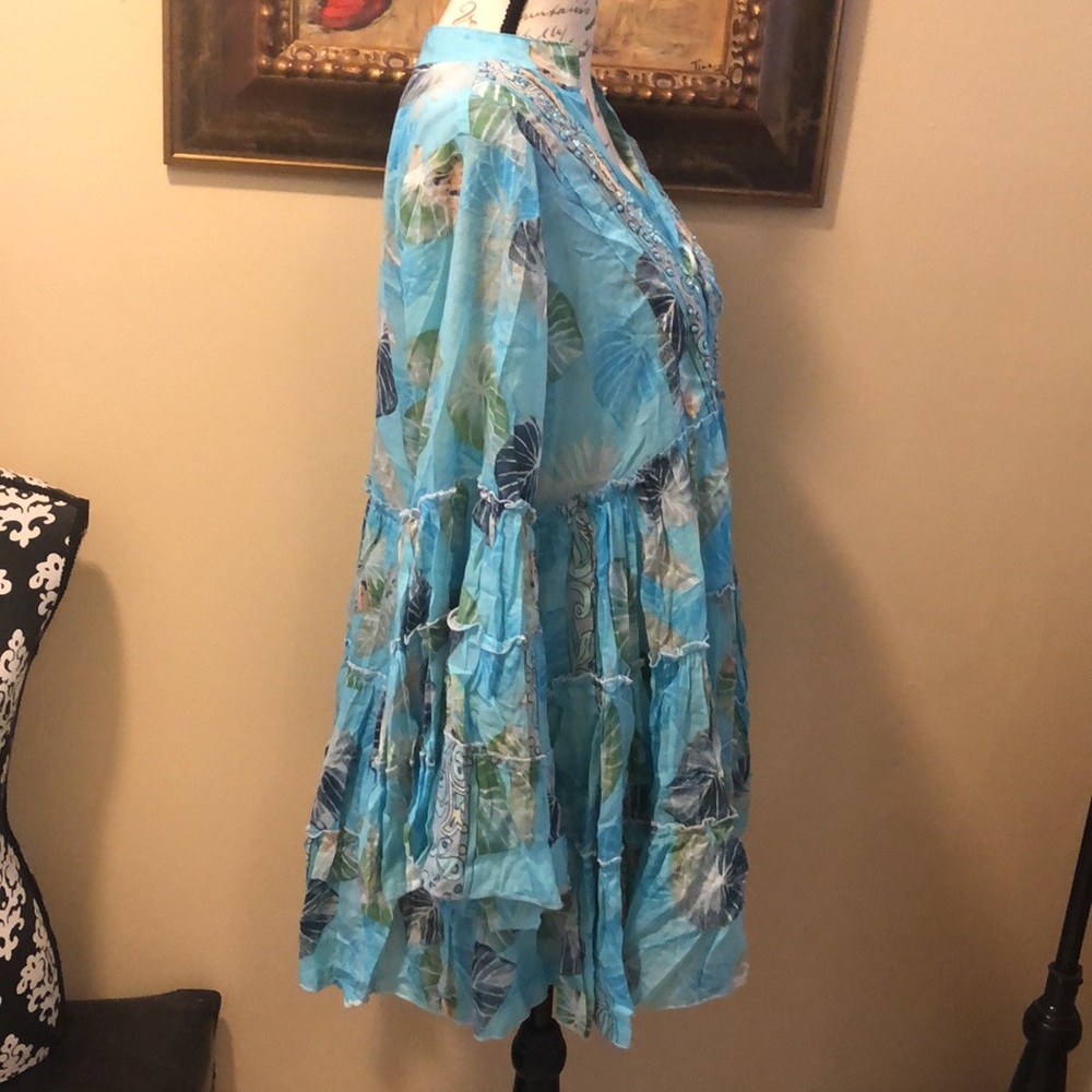 Zury tiered bohemian tropical print bell sleeve cotton babydoll coverup dress - Picture 4 of 12
